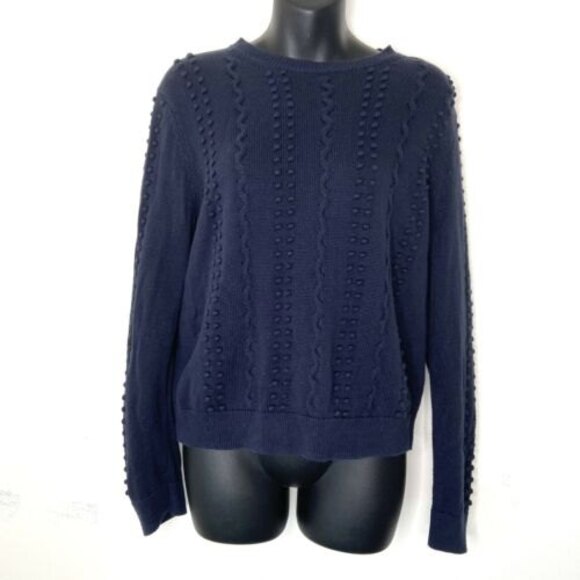 Brooks Brothers Navy Blue Crew Neck Sweater Long Sleeve Pom Women's Size Large - Picture 1 of 8